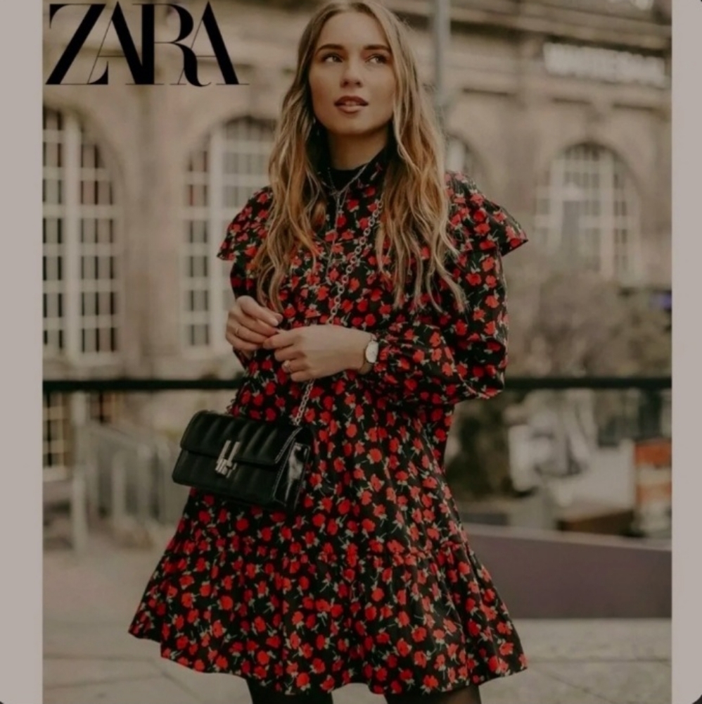 Zara Poplin Black & Red Floral Ruffle Mini Shift Dress